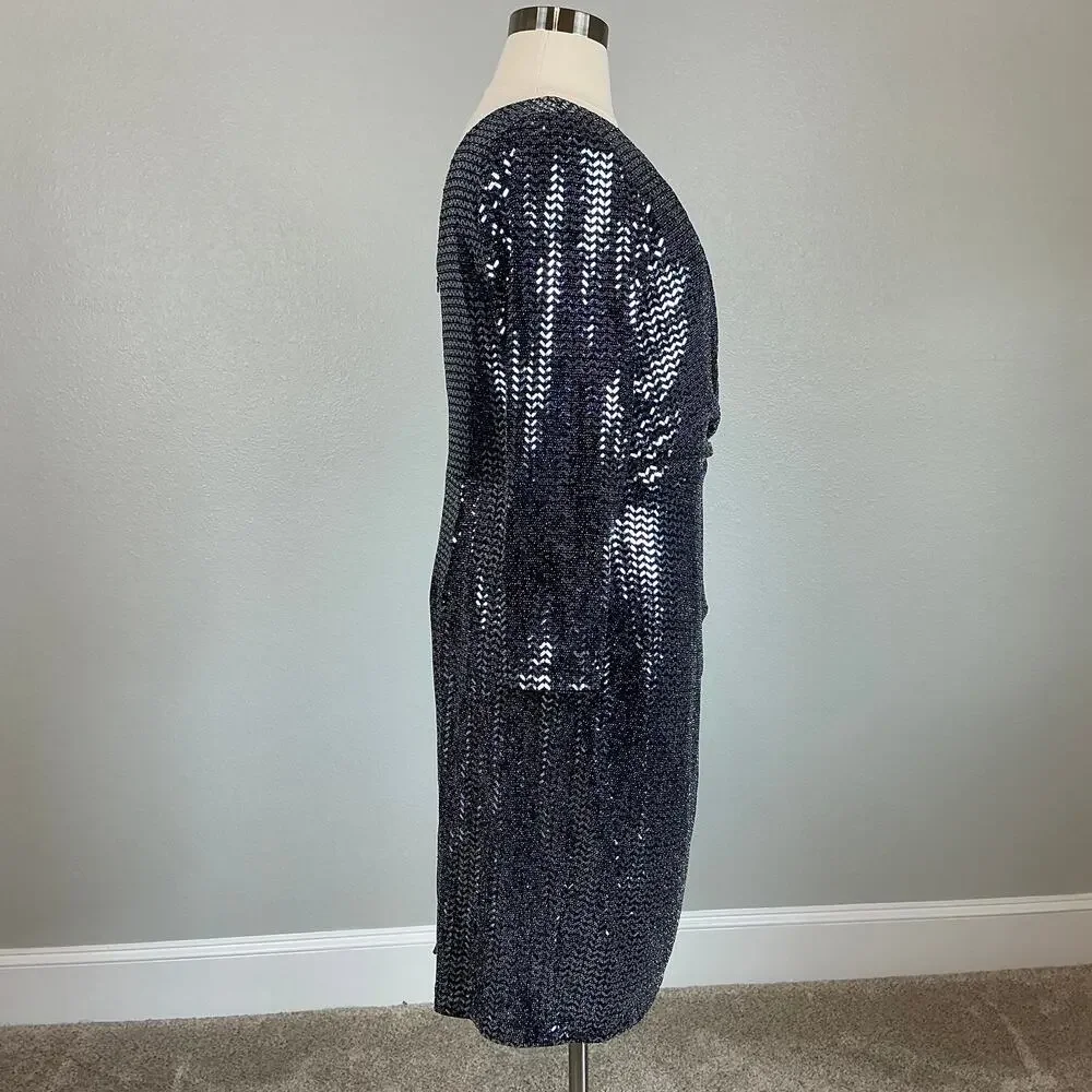 Betsy & Adam Sparkly Long Sleeve V-Neck Sheath Cocktail Dress Size 18W Navy Blue - Picture 4 of 13